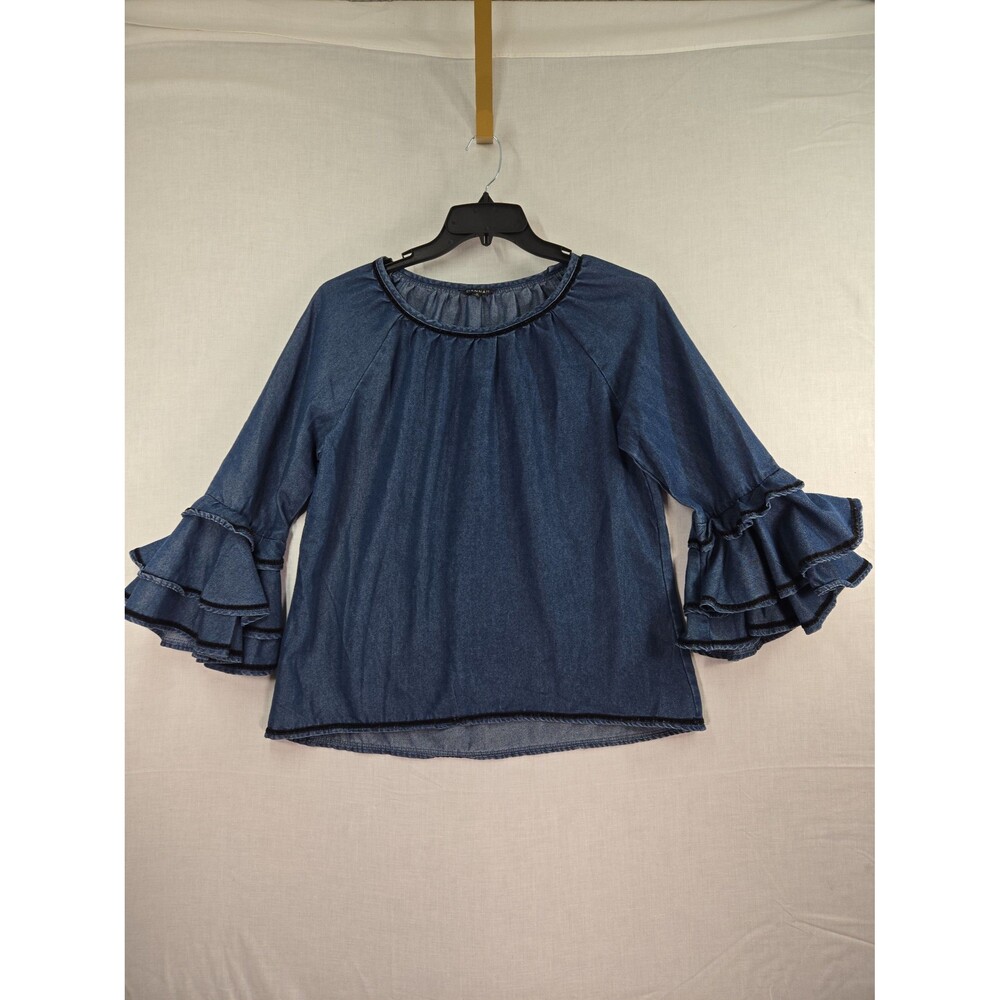 Hannah Chambray Bell Sleeves Black Trimmed Top Women's Medium Ruffles Boho Denim